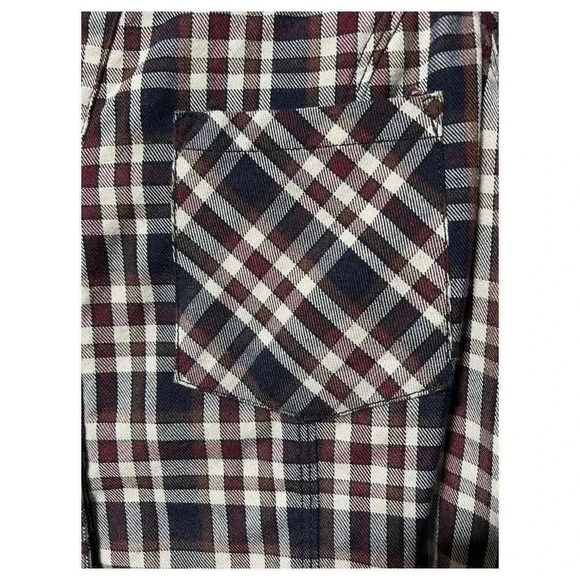 Skies Are Blue‎ Women's V-Neck Maroon Navy Plaid Shirt Roll Tab Sleeve Size M - Picture 4 of 11